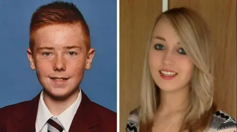 BBC Split photo of young boy with red hair and freckles and a young woman with blonde hair and red lips.